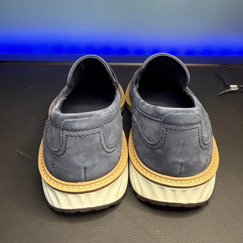 Ecco Men's Blue Suede Penny Loafers with White Sole and Tan Trim